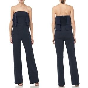 NWT Halston Heritage Strapless Chiffon Flowy Flounce Jumpsuit in Navy Sz. 6